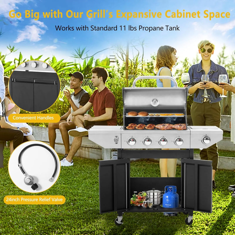 4-Burner Propane Gas Grill with Side Burner, 46700 BTU Porcelain-Enameled Cast Iron Grates Outdoor Cooking Stainless Steel BBQ Grills Cabinet, Black