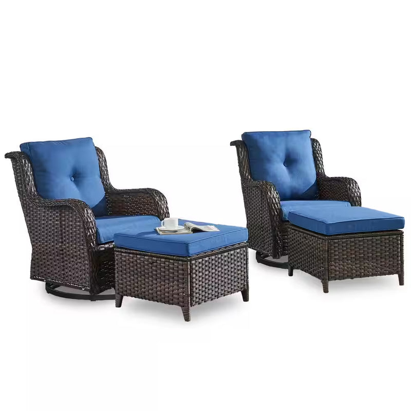 Carolina Brown Swivel Rocking Wicker Outdoor Lounge Chair with Blue Cushions with Ottomans - Puck's