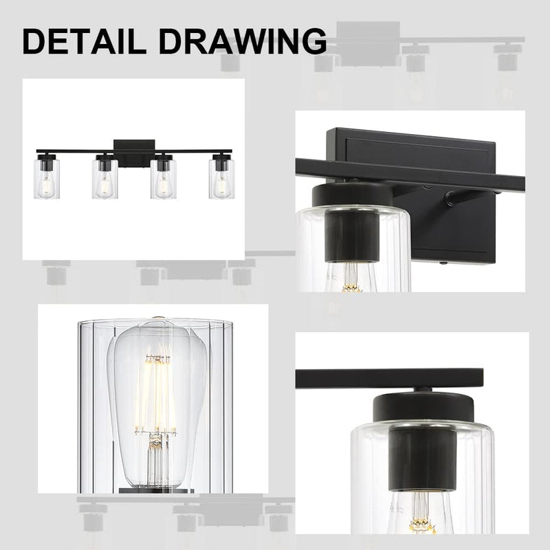 Industrial Bathroom Vanity Light 4 Light Bathroom Lighting Black Finish with Clear Ribbed Glass Shade Wall Lighting Fixtures for Bathroom Hallway Kitchen Living Room. - Puck's