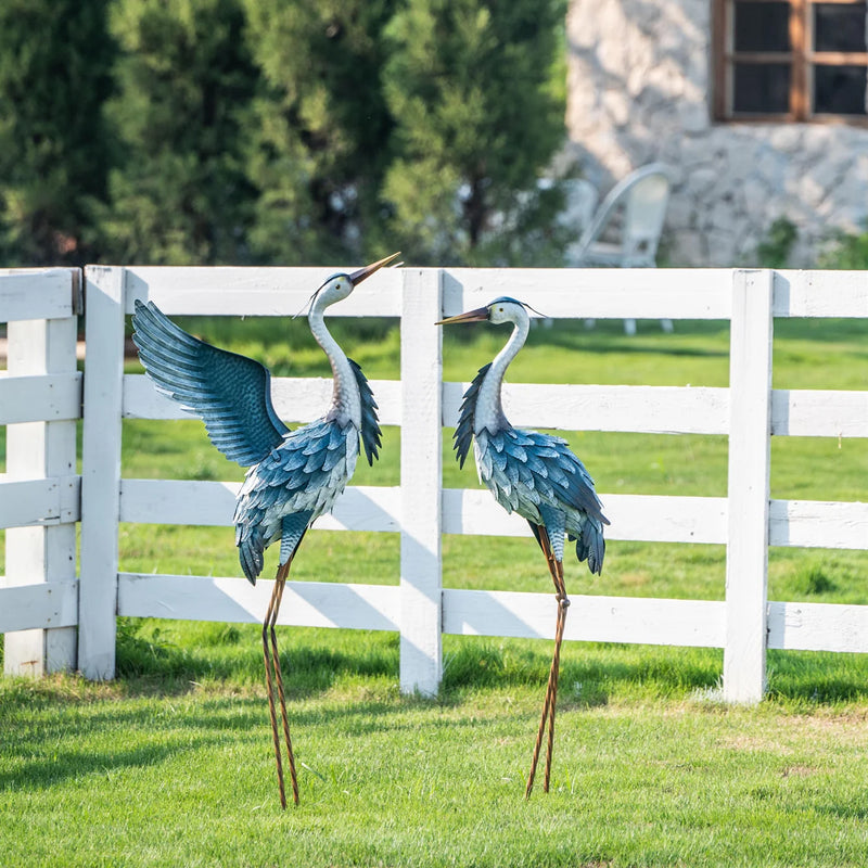 2Pcs 40.75''H, 37.20''H Blue Metal Heron Decor Garden Sculptures Statues, Large Crane Bird Yard Art for Outdoor Porch Party Decorations - Puck's