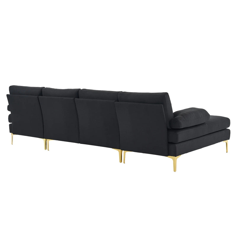 Sectiebank, U-vorm converteerbare bank set met zachte linnen stof, lounge slaapbank met Chaise voor woonkamer 4 zetels zwart - Puck's