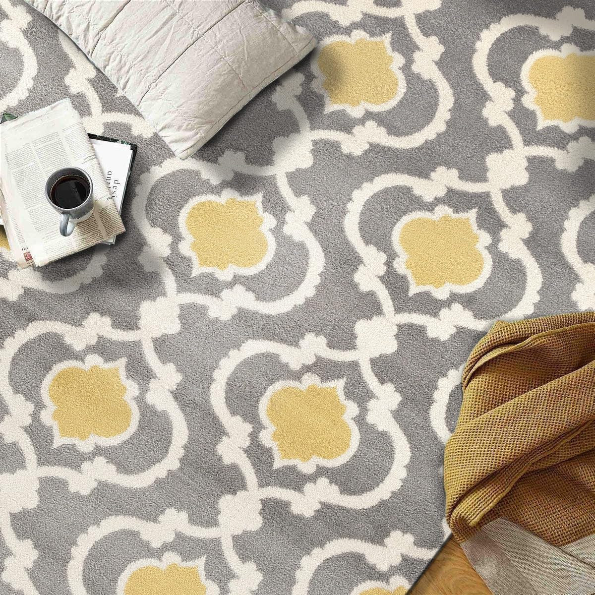 Moroccan Trellis Contemporary Perfect for High Traffic Areas of Your Living Room,Bedroom,Home Office,Kitchen Area Rug 10' X 14' Gray/Yellow - Puck's
