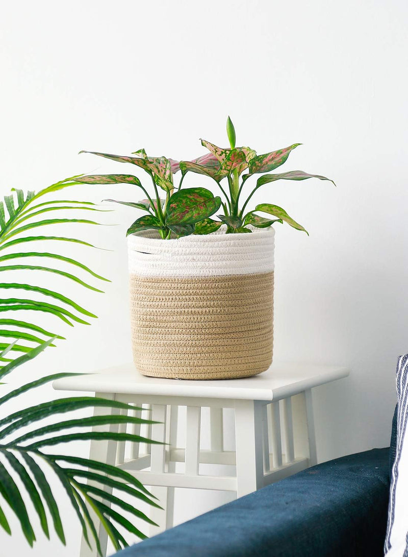 8"X7.5" Basket Planters for Indoor Plants, up to 7.5 Inch Flower Pot, Sturdy Woven Rope Organizer with Handle, Small, White Brown Stripes - Puck's