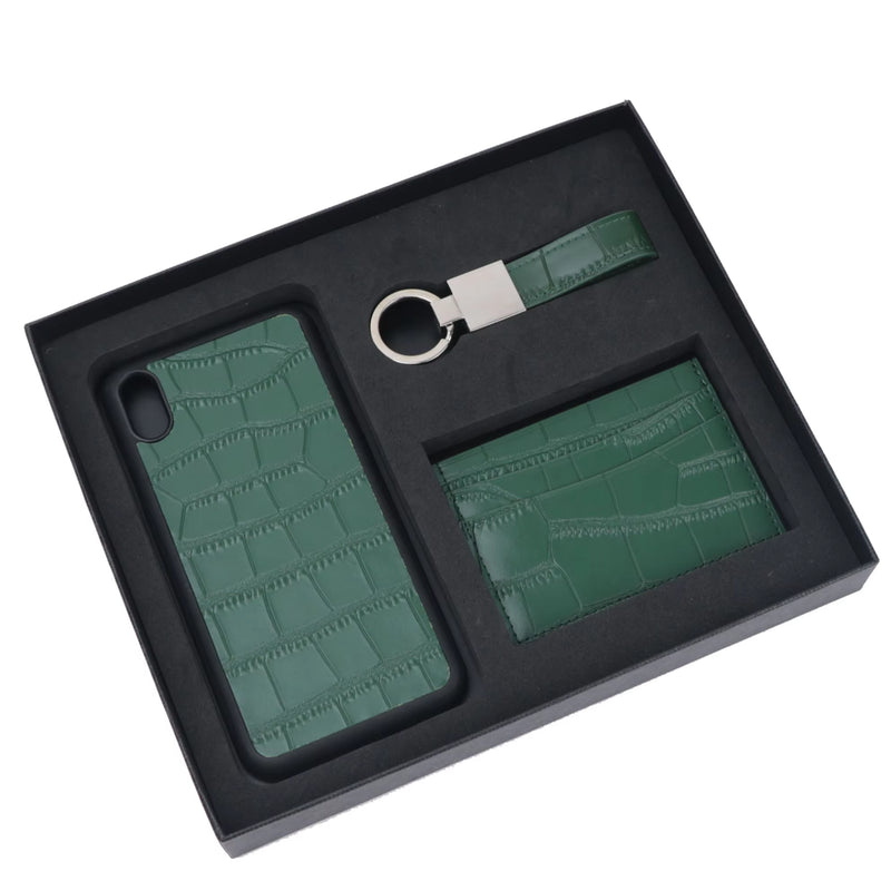 Customized Initials Gift Set Crocodile Pattern Leather Phone Case for Iphone Keychain Card Holder Gift Box Set Business Gift Set - Puck's