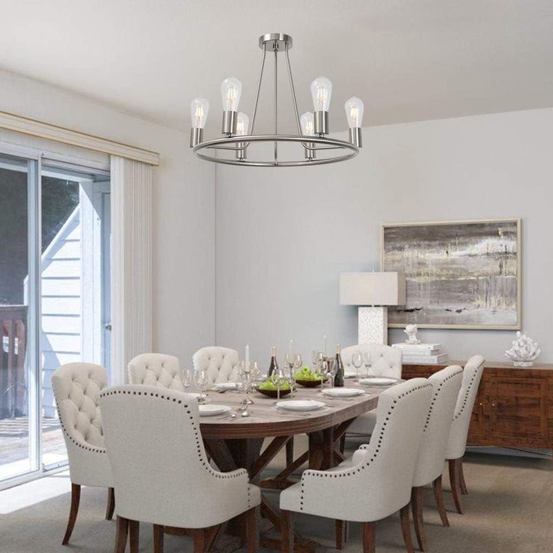 round Farmhouse Chandelier Lighting 6-Light Modern Indoor Ceiling Lights Brushed Nickel Mid Century Flush Mount Light Fixtures Ceiling Kitchen Island Dining Room Lighting UL Listed - Puck's