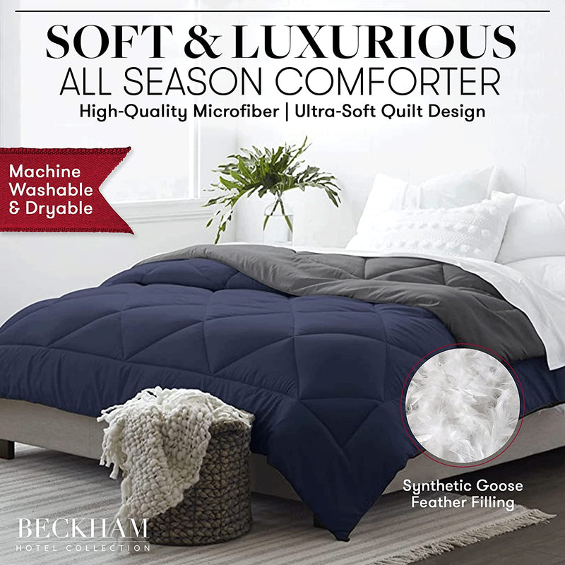 Beckham Hotel Collection Goose down Alternative Reversible Comforter - All Season - Premium Quality Luxury Hypoallergenic Comforter - Full/Queen - Grey/Black - Puck's