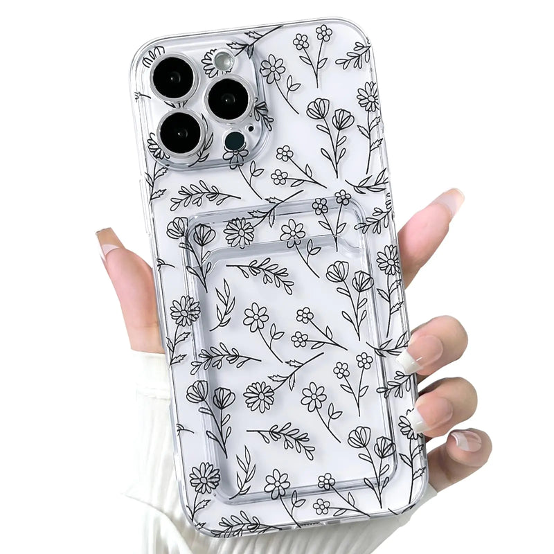 NITITOP Compatible with iPhone 7/8 / SE Case Clear with Card Holder Cute Flower Floral Leave Pattern for Women Girl Soft TPU Shock-Absorbing Wallet Case Protective Phone Cover - Black - Puck's