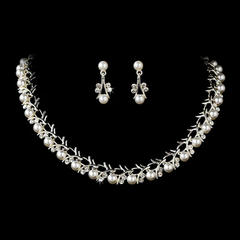 Bridal Wedding Jewelry Set Crystal Rhinestone Pearl Sophisticated Silver White - Puck's