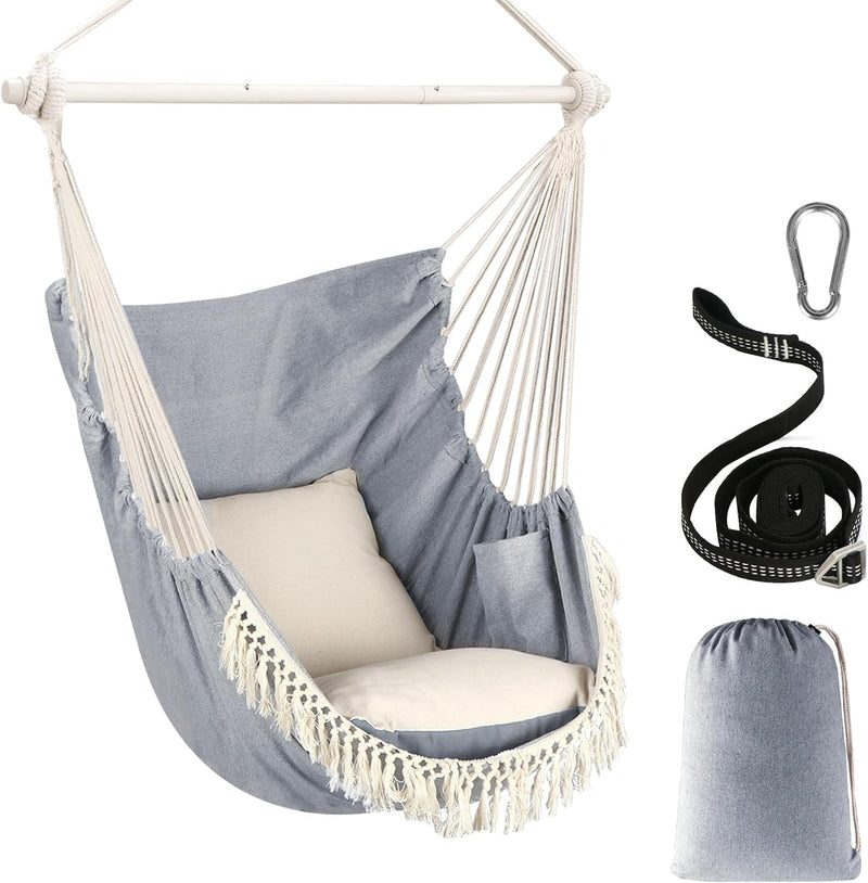 Hammock Chair Hanging Swing Max 500 Lbs 2 Cushions Included Steel Spreader Bar with Anti-Slip Grooves Portable Hanging Chair Side Pocket Large Macrame Bohemian Chair Indoor Outdoor - Puck's