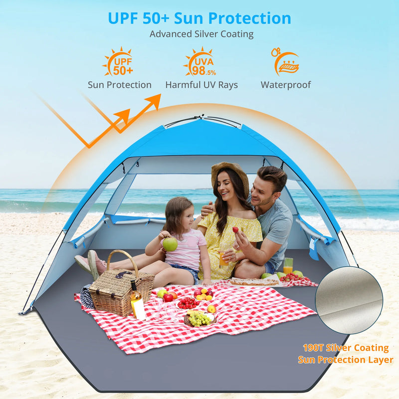 Beach Tent for 3/4/6/8 Person, UPF 50+ UV Protection, Portable Sun Shelter, Easy Setup Sun Shade Beach Canopy with Carry Bag