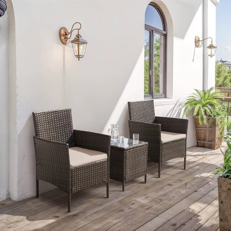 Patio Furniture Set 3 Pieces All-Weather Rattan Outdoor Furniture Patio Chairs with Tempered Glass Table for Porch Bistro - Puck's