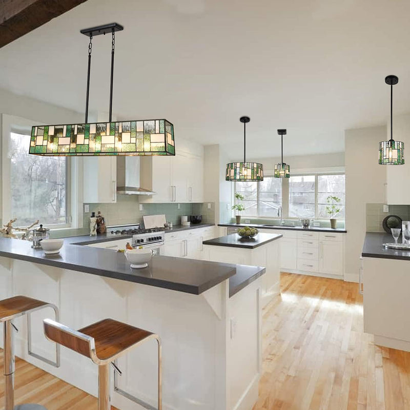 Tiffany Pendant Light Fixtures Pool Table Lights Hanging Chandelier 5 Light Rectangle Green Stained Glass Pendant Lamp for Dining Room Kitchen Island and Bars - Puck's