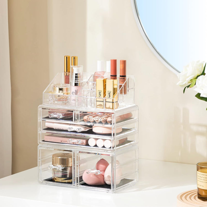 Acrylic Clear Dustproof Makeup Storage Organizer Drawers Large Skin Care Cosmetic Display Cases for Bathroom Stackable Storage Box with 6 Drawers for Vanity (Clear) - Puck's