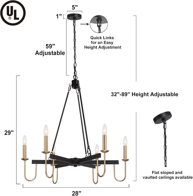 Modern Chandelier, 28" Large Dining Room Chandelier Light Fixture, 6-Light Black and Gold Chandelier, Wagon Wheel Ceiling Lighting Fixture for Living Room, Bedroom, Kitchen - Puck's