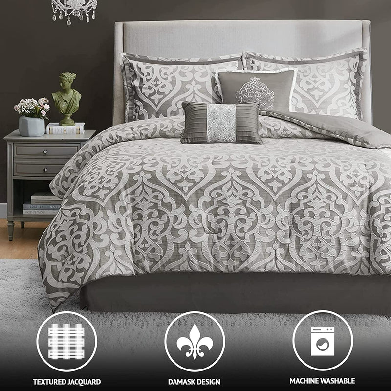 Tesla Cozy Comforter Set Jacquard Damask Medallion Design - All Season down Alternative Bedding, Shams, Bedskirt, Decorative Pillows, Queen, Silver 6 Piece - Puck's