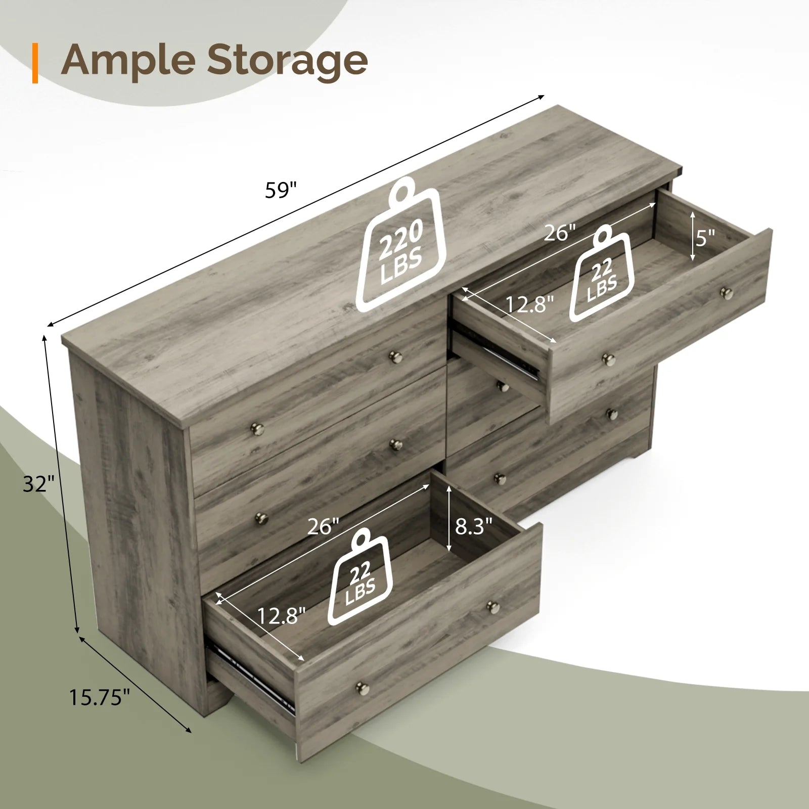 6 Drawer Double Dresser, Kids Dresser, Nursery Dresser Drawer Organizer, Chest of Drawers,59" D X 15.75" W X 32" H, Gray - Puck's