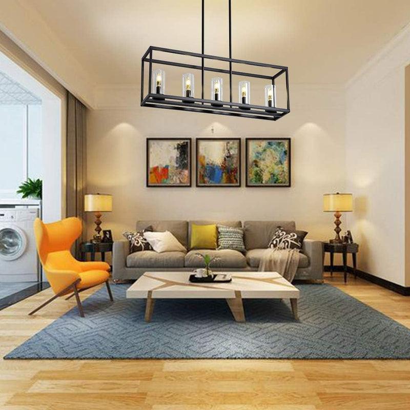 Kitchen Light Fixtures Chandeliers Modern Dining Room Lighting Fixture Hanging Black 5 Light Kitchen Island Cage Pendant Lighting Farmhouse Flush Mount Ceiling Light with Glass Shade - Puck's