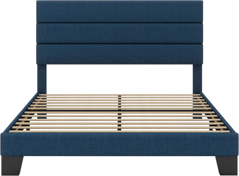 Full Platform Bed Frame with Upholstered Fabric Headboard, Mattress Foundation with Strong Wooden Slats Support, No Box Spring Needed, Blue - Puck's