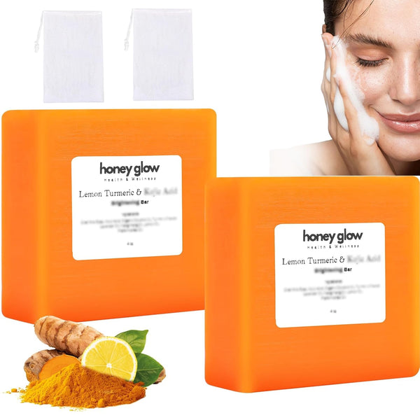2PCS Honey Glow Lemon Turmeric Kojic Soap Bar, Turmeric Soap Bar for Face and Body, Smooth Skin Tumeric Soap, Natural Turmeric Handmade Soap for All Skin Types - Puck's