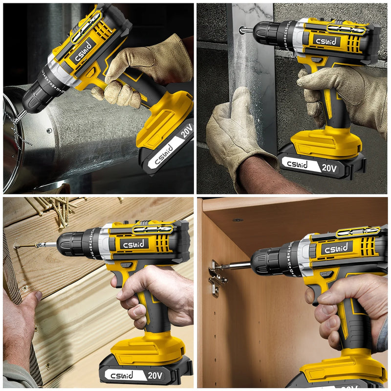 20V Cordless Power Drill Set, Drill Kit with 1 Lithium-Ion & Charger, 3/8" Keyless Chuck, Electric Drill W/ 2 Variable Speed & LED Light, 25+1 Position and 34Pcs Drill/Driver Bits(Yellow) - Puck's