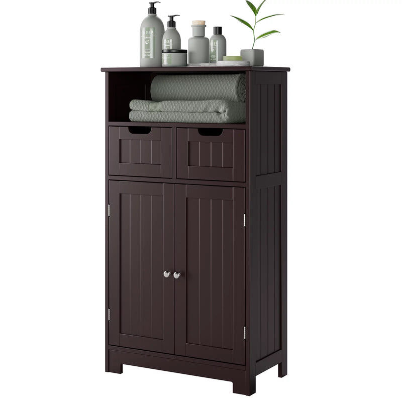 Bathroom Cabinet, Floor Storage Cabinet with 2 Doors and 2 Drawers, Free Standing Wooden Storage Organizer for Living Room, Dark Brown - Puck's