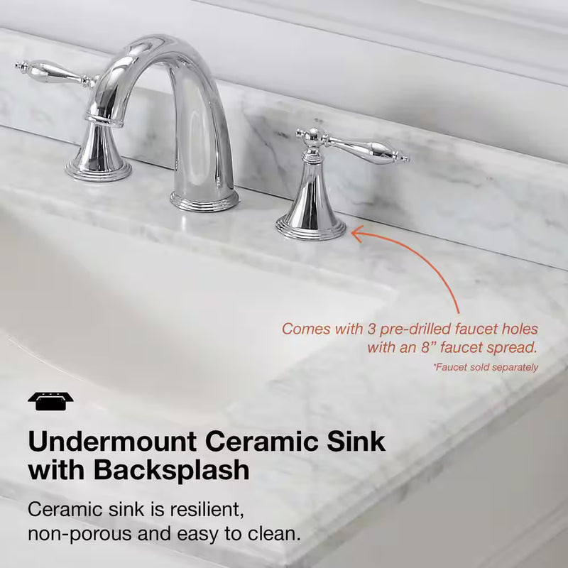 Sonoma 72 In. Double Sink White Bath Vanity with Carrara Marble Top (Assembled) - Puck's