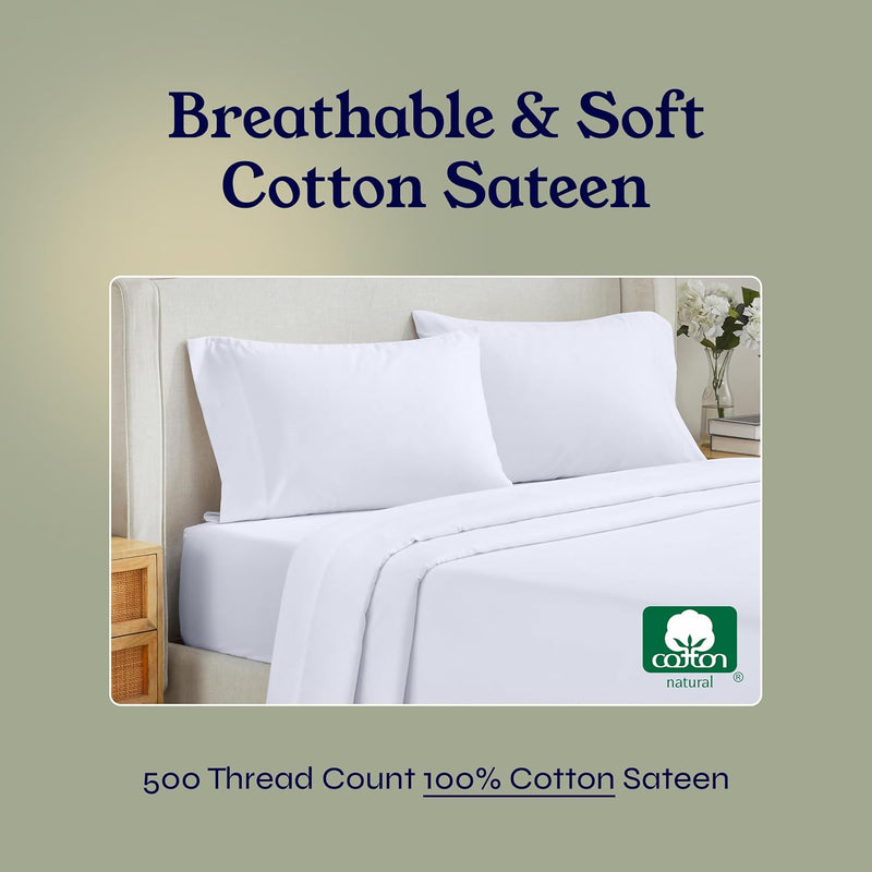 California King Size Sheet Set - 100% Cotton 500 Thread Count, Cooling Deep Pocket Bed Sheets with Fitted Elastic Sheet, Extra Soft Luxury Hotel Quality - White - Puck's