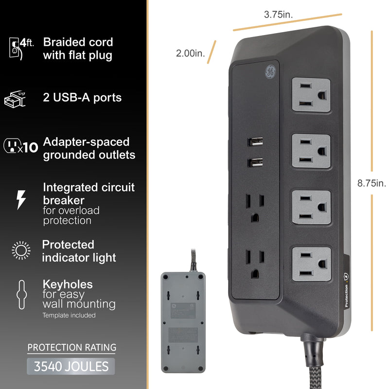 Adapt 10-Outlet Sur Protector Power Strip, USB Hub, 4Ft Braided Cord, Black