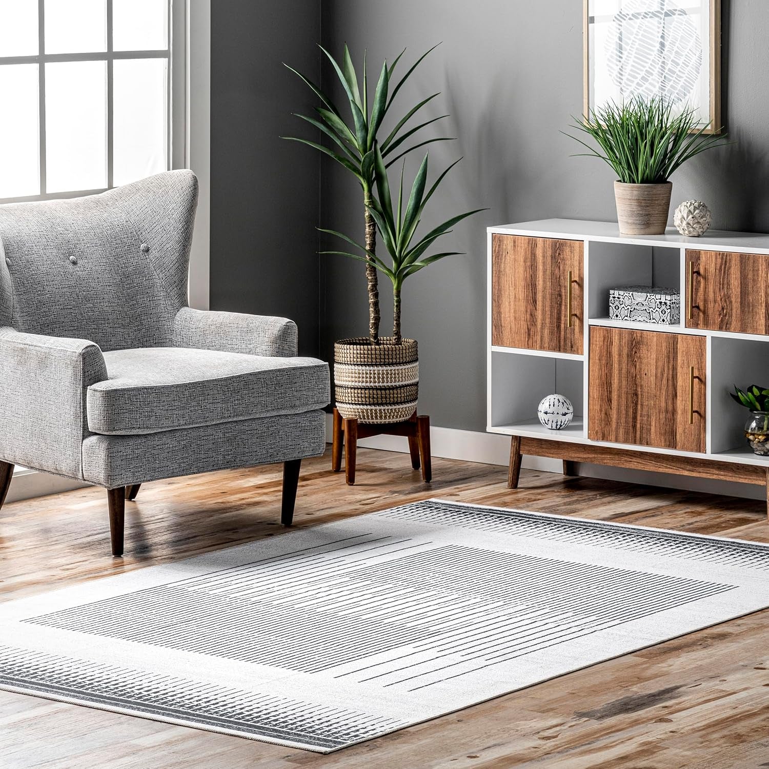 Chelsea Machine Washable Modern Abstract Line Ultra Thin Area Rug, 5' X 8', Grey - Puck's