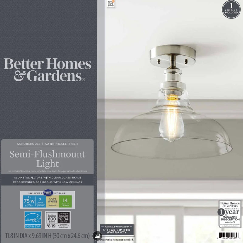 12" Farmhouse Nickel Flush Mount Ceiling Light, Metal Base Clear Glass Shade - Puck's