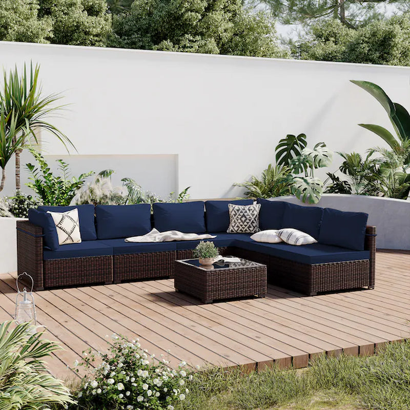 7 -Piece Rattan Patio Conversation Set with Beige Cushions - Puck's
