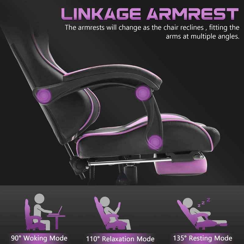 Gaming Chair with Footrest, Office Computer Chair with Massage Lumbar Pillow and Headrest, Swivel Leather Gamer Chairs for Adults Kids, Purple - Puck's