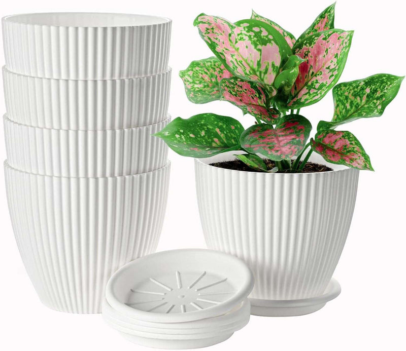 Plastic Planter Pots for Plants, 5 Pack 6 Inch Flower Pots with Drainage Holes and Saucers, Modern Stylish Indoor Outdoor Garden Pots for All Houseplants, Succulent, Home & Office Décor, White - Puck's