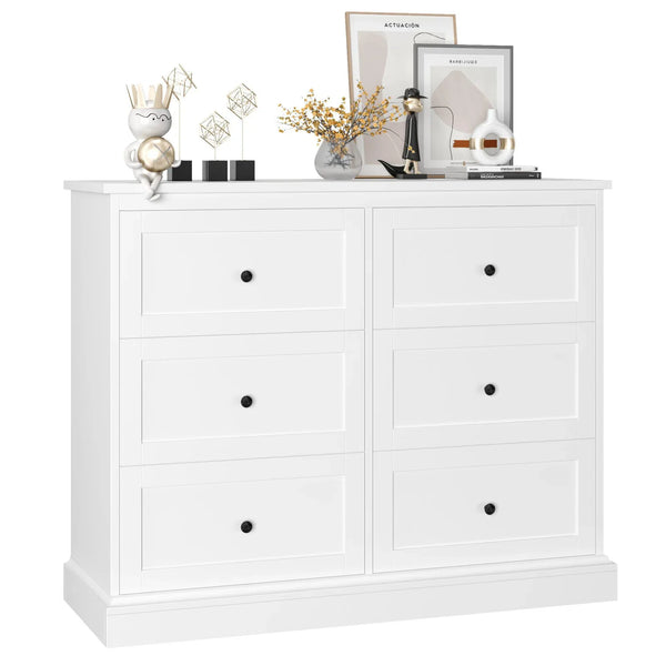 White Dresser with 6 Drawer , 42.5" Wide Double Dresser for Bedroom, Wooden Dresser Chest of Drawers - Puck's