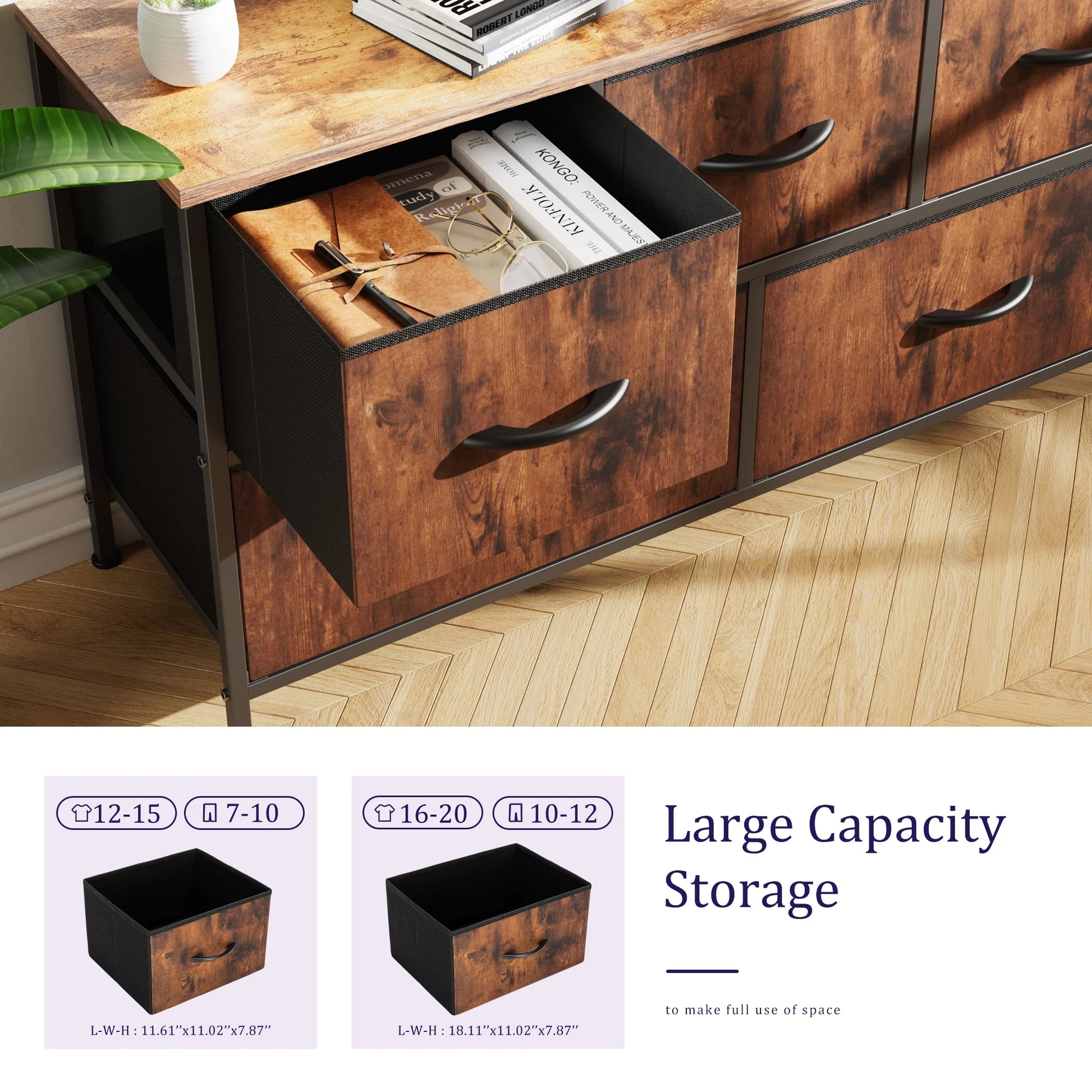 5 Drawer Dresser, Wide Chest of Drawers Nightstand Storage Tower Storage Dresser Fabric Dresser with Wood Top for Living Room, Bedroom, Hallway, Rustic Brown - Puck's