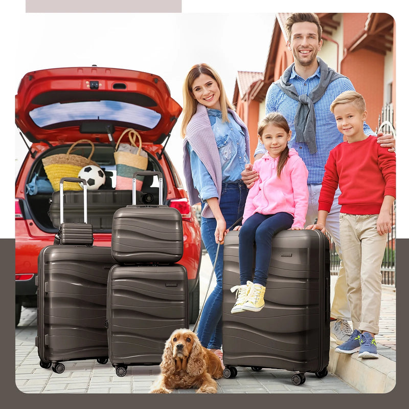 5 Piece Luggage Set PP Hardside Spinner Luggage - (Expandable Carry-On Suitcase20")( 24" 28")-Brown - Puck's