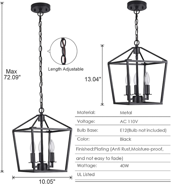 3-Light Industrial Pendant Light Metal Lantern Pendant Lighting Cage Chandelier Adjustable Farmhouse Chandelier for Kitchen Island Foyer Living Room Bar Restaurant,Matte Black - Puck's