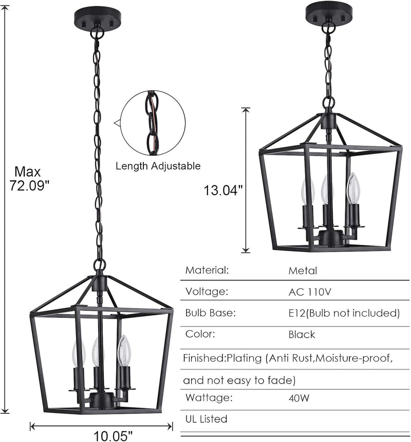 3-Light Industrial Pendant Light Metal Lantern Pendant Lighting Cage Chandelier Adjustable Farmhouse Chandelier for Kitchen Island Foyer Living Room Bar Restaurant,Matte Black - Puck's