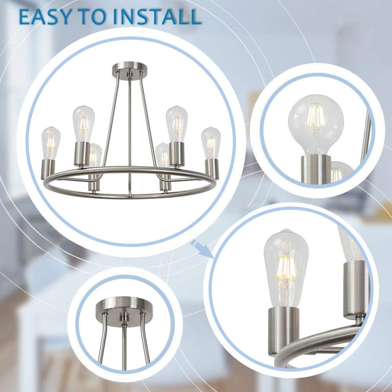 round Farmhouse Chandelier Lighting 6-Light Modern Indoor Ceiling Lights Brushed Nickel Mid Century Flush Mount Light Fixtures Ceiling Kitchen Island Dining Room Lighting UL Listed - Puck's