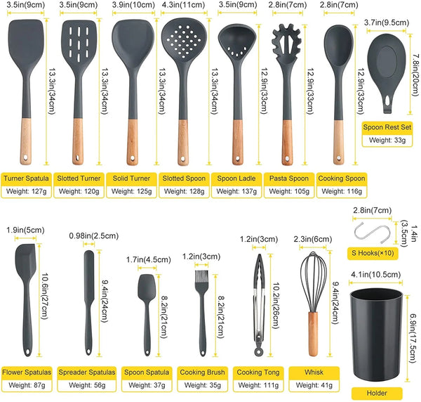 35Pcs  Chef Kitchen Cooking Utensils Set, Non-Stick Silicone Cooking Kitchen Utensils Spatula Set with Holder, Wooden Handle Silicone Kitchen Gadgets Utensil Set -Grey - Puck's