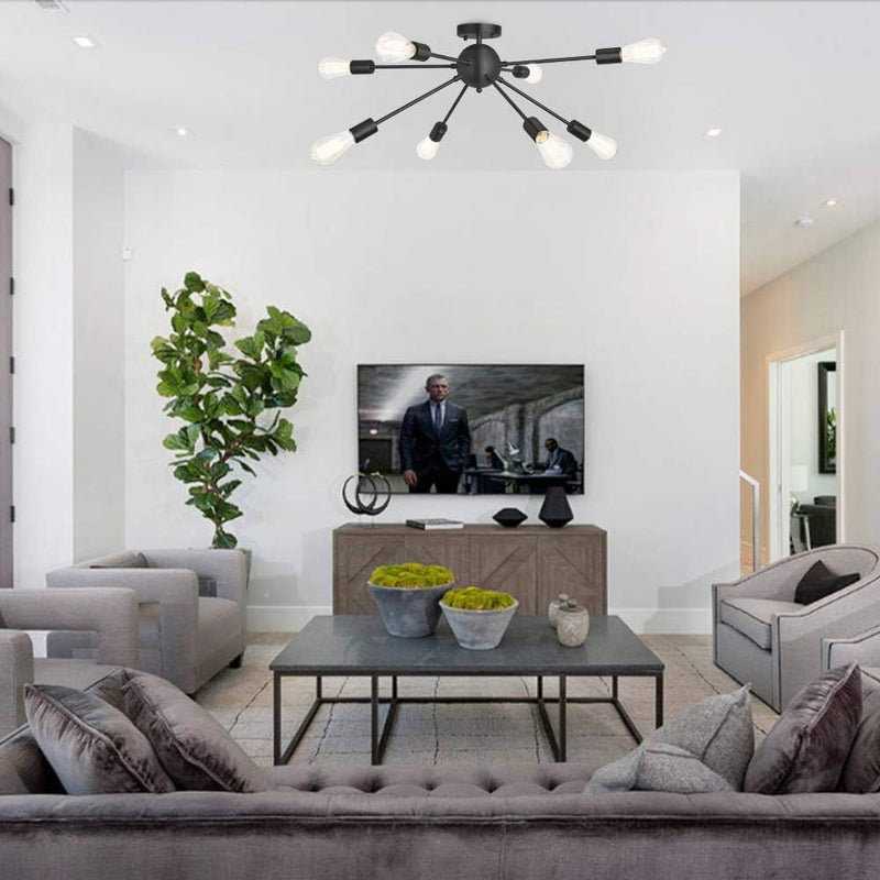 Sputnik Chandelier 8 Lights Semi Flush Mount Ceiling Light Modern Pendant Light Fixture, Black, Bedroom Dining Room Kitchen Living Room - Puck's