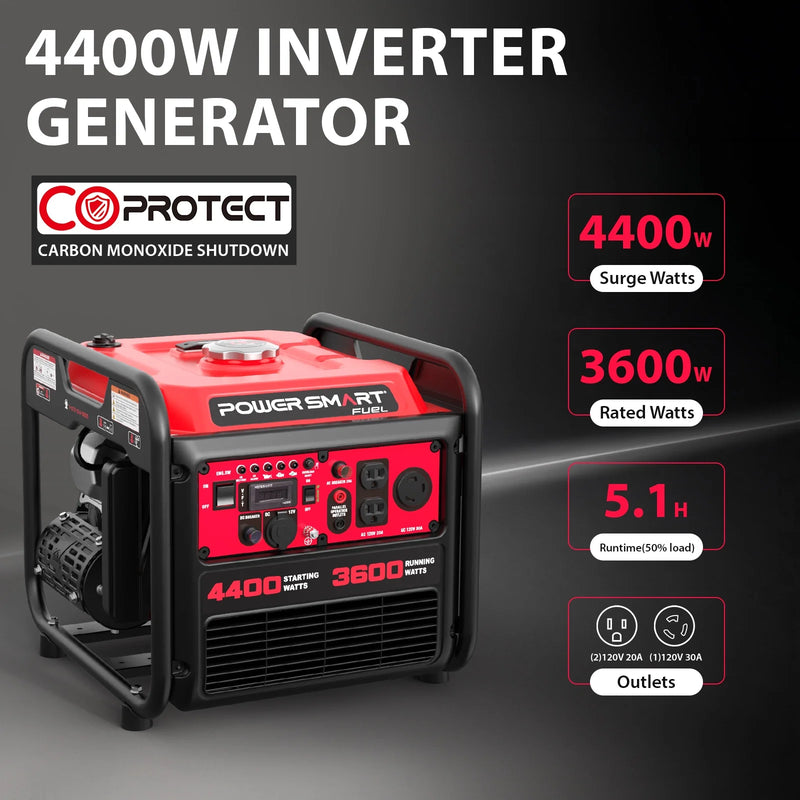 4400W Inverter Generator Gas Fuel Powered , CO Detect, Home Backup/Outdoor Use 62Lbs EPA - Puck's