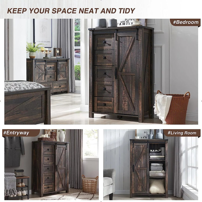 Modern Farmhouse 5-laden dressoir met schuurdeur, verstelbaar opbergmeubel voor slaapkamer, woonkamer, donker rustiek eiken - Puck's