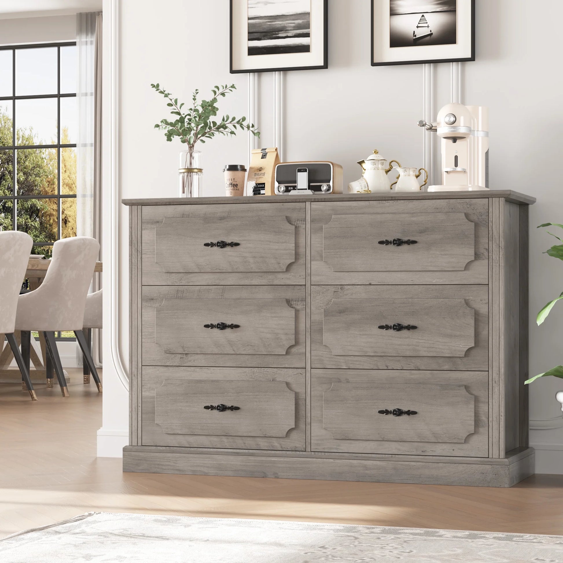 6 Drawer Bedroom Dresser, Farmhouse Wood Storage Drawer Chest Cabinet for Living Room Entryway, Gray - Puck's