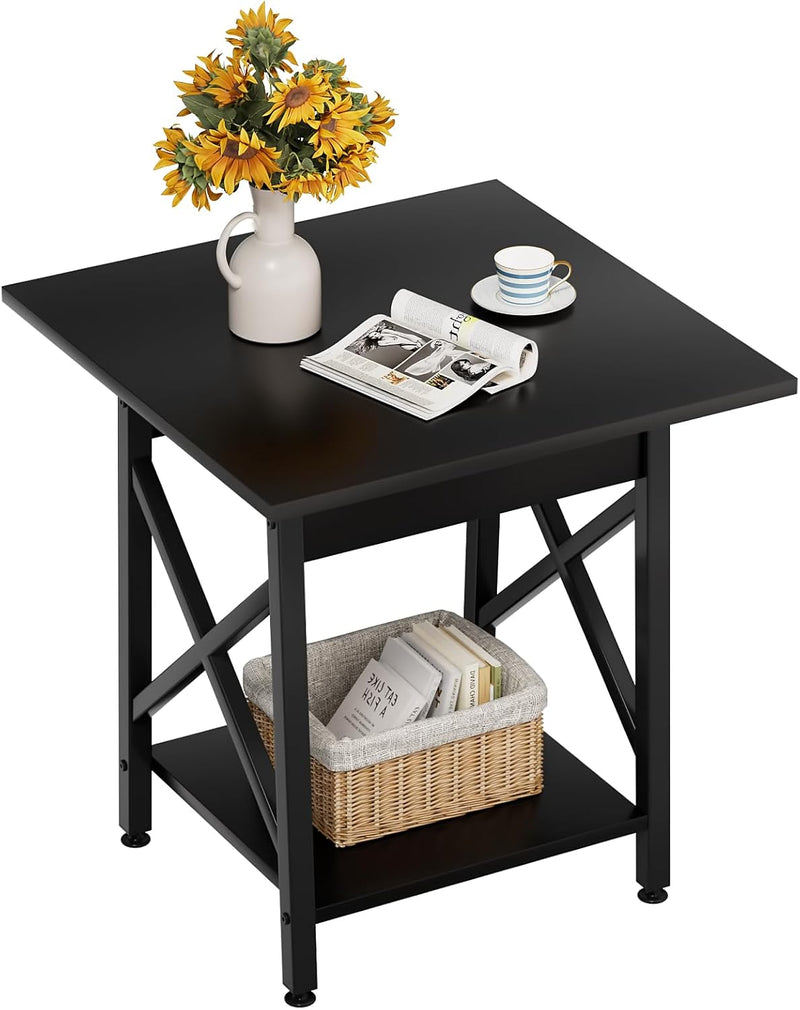 End Table 24 Inch for Living Room, Large Square Side Tables with X-Frame, Tall Industrial Bedside Nightstand with 2-Tier Storage, Black - Puck's