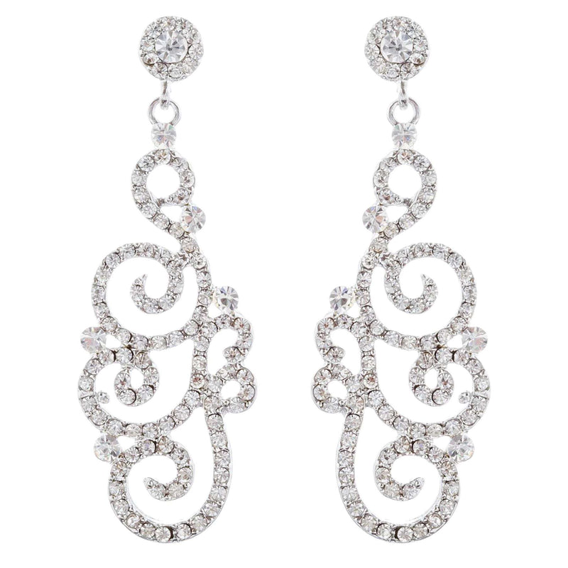 Bridal Wedding Crystal Rhinestone Swirl Vintage Dangle Earrings Silver - Puck's
