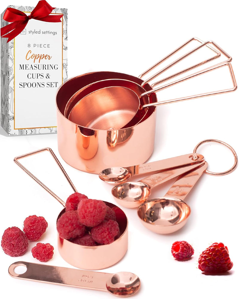 Copper Measuring Cups and Spoons Set – 8-Piece Stackable Stainless Steel Metal Measuring Utensils – Stylish and Sturdy Rose Gold Kitchen Accessories for Baking and Cooking - Puck's