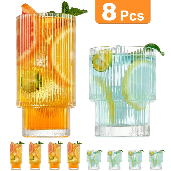 12 Oz Stackable Ribbed Beverage Glasses (Set of 8) - Puck's