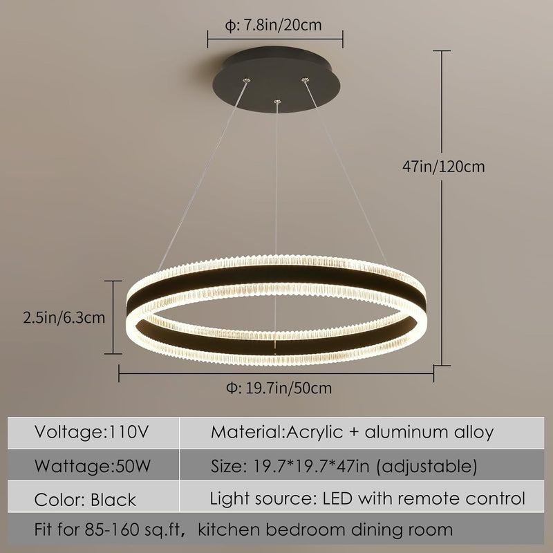 Modern LED Chandelier 1 Ring 19.7In Pendant Lighting for Kitchen Island 50W Dimmable LED Pendant Light Black Hanging Light Fixtures with Remote for Kitchen Dining Room Bedroom Living Room - Puck's