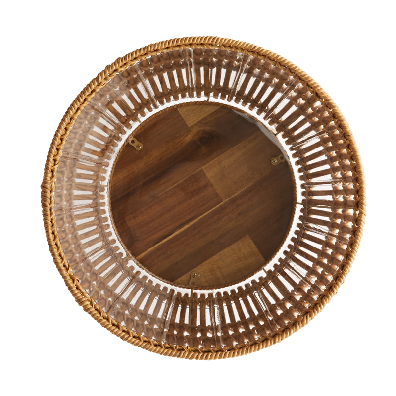 13 Inch round Brown Resin Rattan Planter & Stand with Acacia Wood Legs - Puck's
